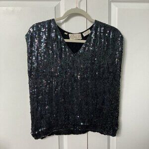 Vintage Rina Z Top Womens L Sequin Beaded V-neck Cap Sleeve 80s Silk Blouse